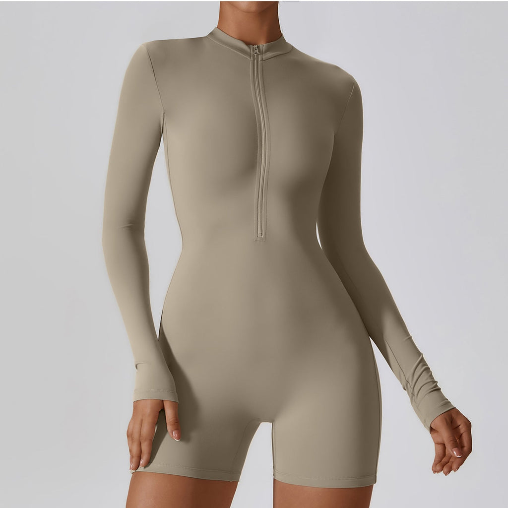 Open Collar Long-sleeve Zipper One-piece Dance Fitness Sports Jumpsuit Tight Yoga Clothes