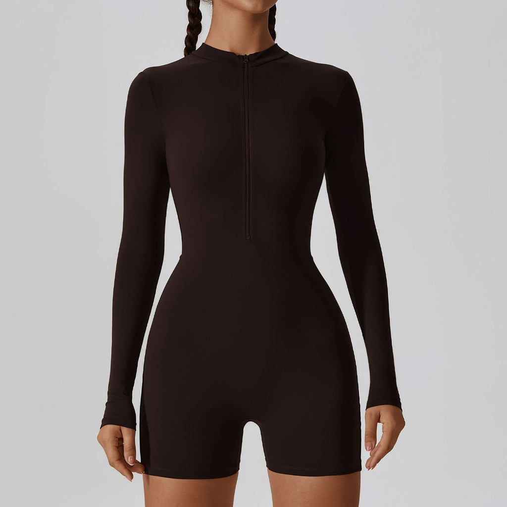 Open Collar Long-sleeve Zipper One-piece Dance Fitness Sports Jumpsuit Tight Yoga Clothes
