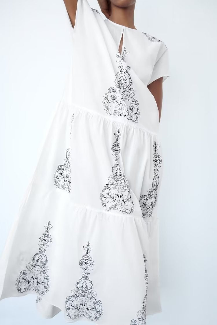 Summer Clothing Cotton Contrast Color Embroidery Midi Dress