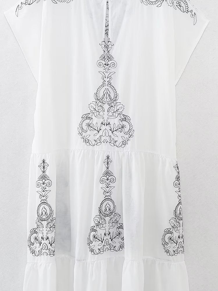 Summer Clothing Cotton Contrast Color Embroidery Midi Dress