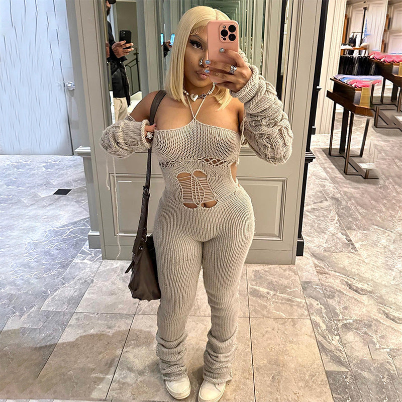 Clothing Autumn Winter Woolen Oversleeve Halter Lace Up Hollow Out Cutout Jumpsuit Pile Pants