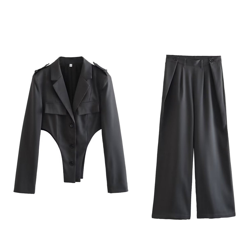 Cutout Out Sets Top High Waist Pleated Design Work Pant Sets