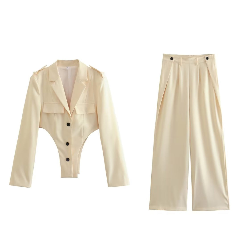 Cutout Out Sets Top High Waist Pleated Design Work Pant Sets