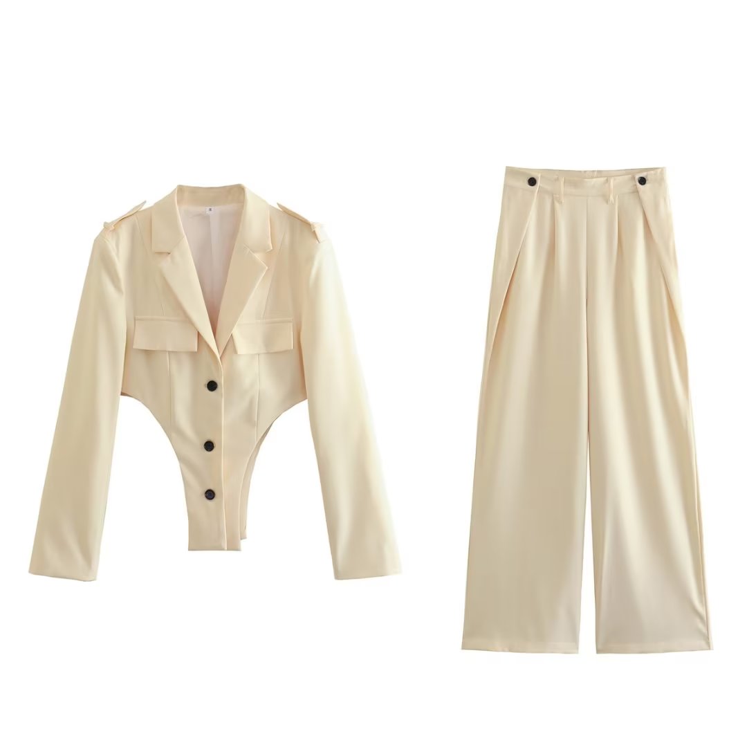 Cutout Out Sets Top High Waist Pleated Design Work Pant Sets