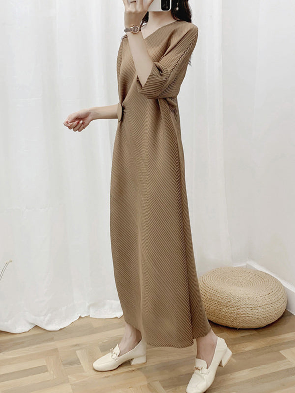 Half Sleeves Irregular Clipping Pleated Color Round-neck Midi Dresses