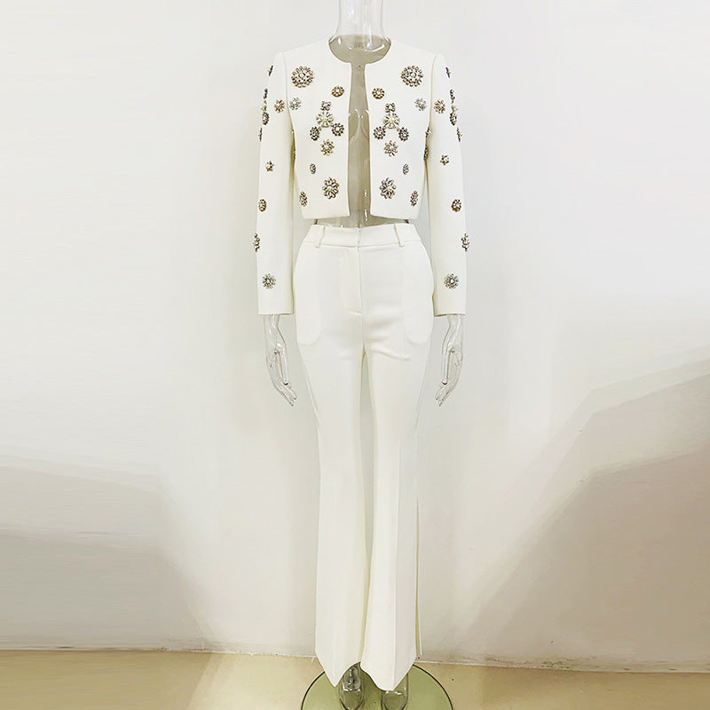 Round Neck Heavy Industry Beads Short Jacket Split Flared Pants Blazer Suit Set