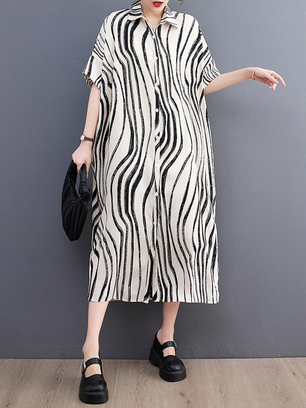 Raglan Sleeve Oversize Zebra-stripe Split-joint Lapel Midi Dresses Shirt Dress