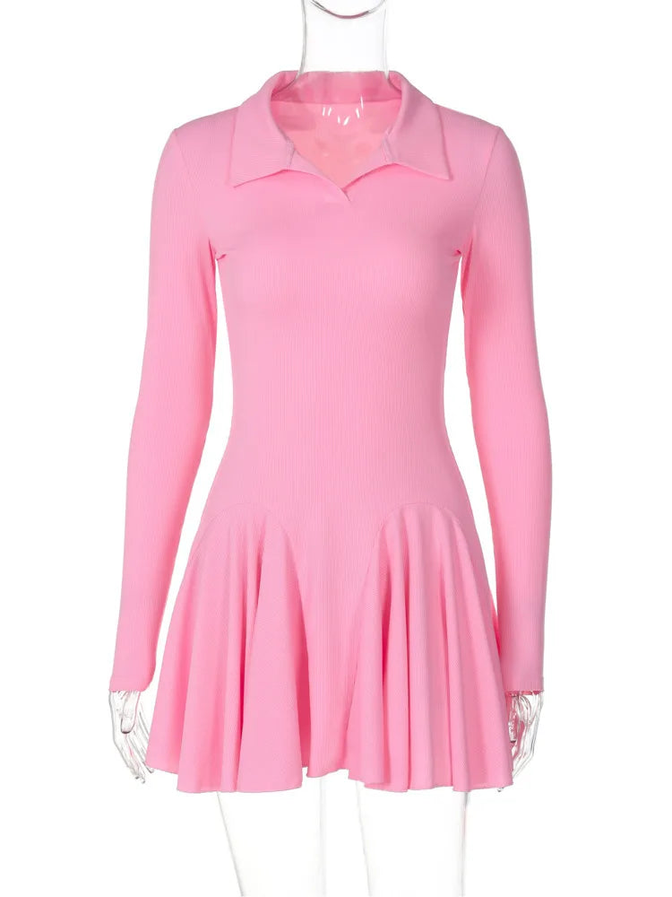 Long Sleeve Pleated Knit Mini Dress for Robe Autumn Winter New Lapel High Waist Knitted Sweater Dress