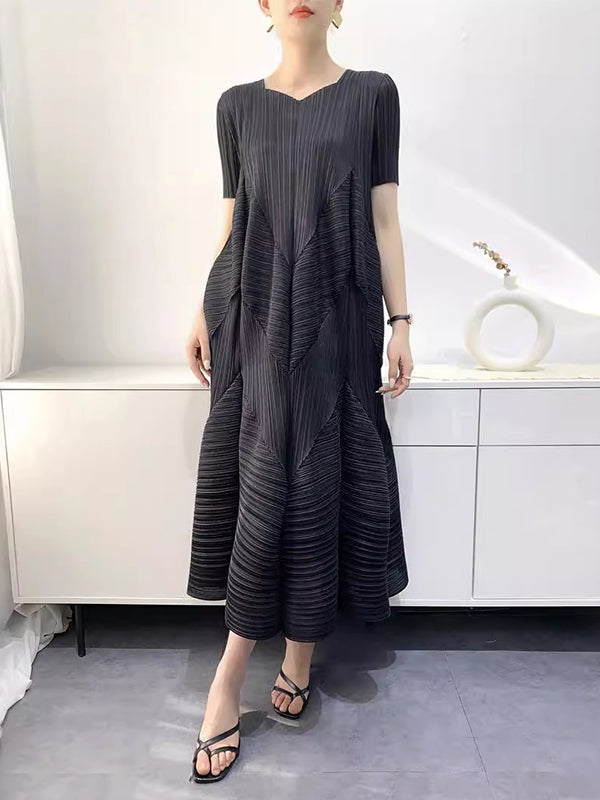Loose Short Sleeves Pleated Color Split-joint V-neck Midi Dresses