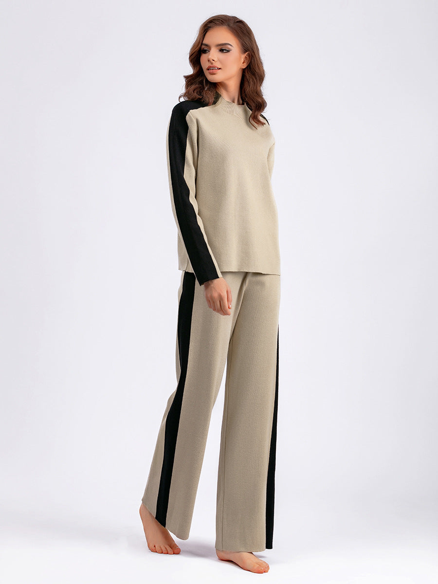 Neck Sweater Suit Autumn Winter Color Contrast Patchwork Cropped Pants Two Piece Suit