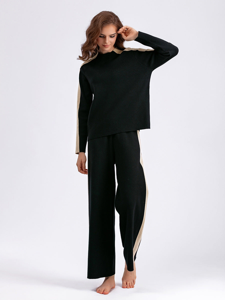 Neck Sweater Suit Autumn Winter Color Contrast Patchwork Cropped Pants Two Piece Suit
