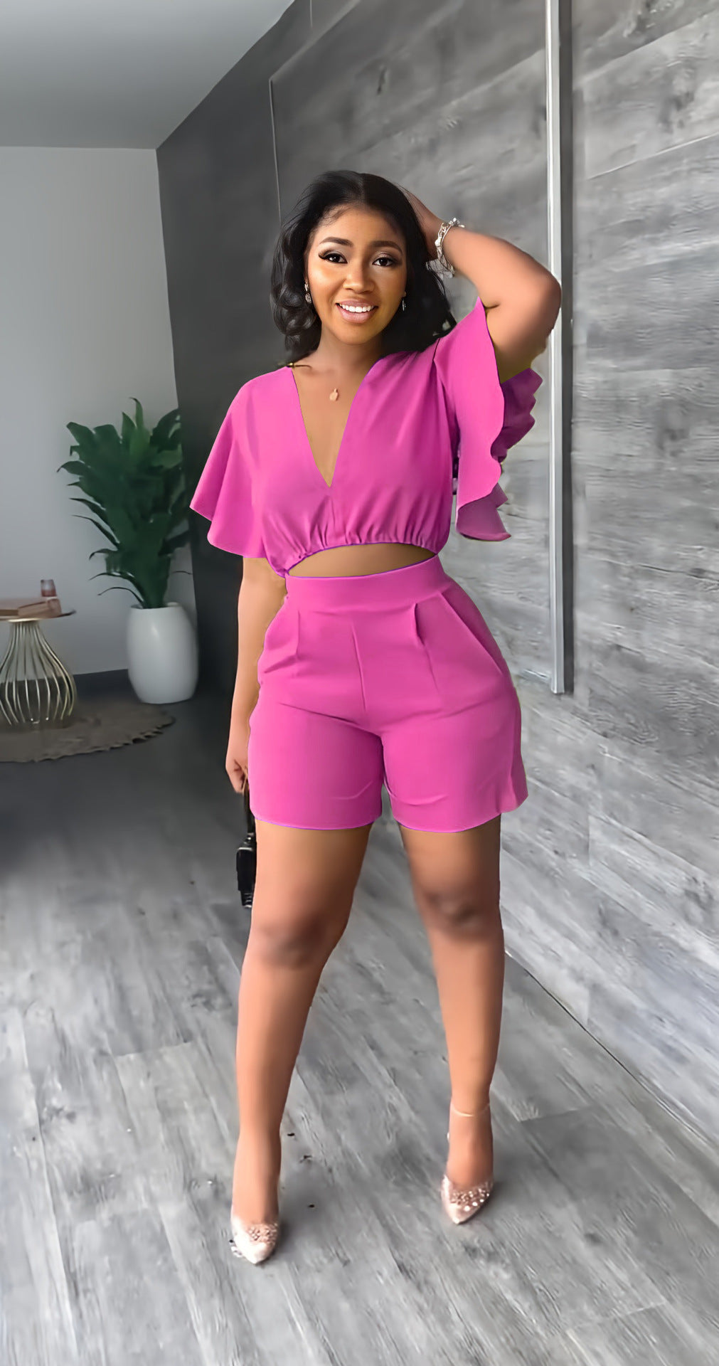 Ruffled Short V Neck Top Shorts Summer Two Piece Set