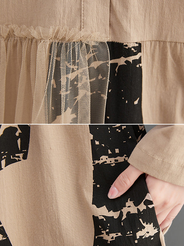 Long Sleeves Loose Contrast Color Split-joint Lapel Collar Midi Dresses