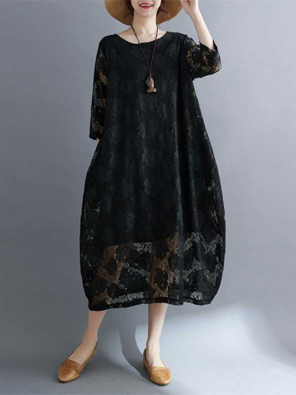Half Sleeves Loose Hollow Color Round-neck Midi Dresses