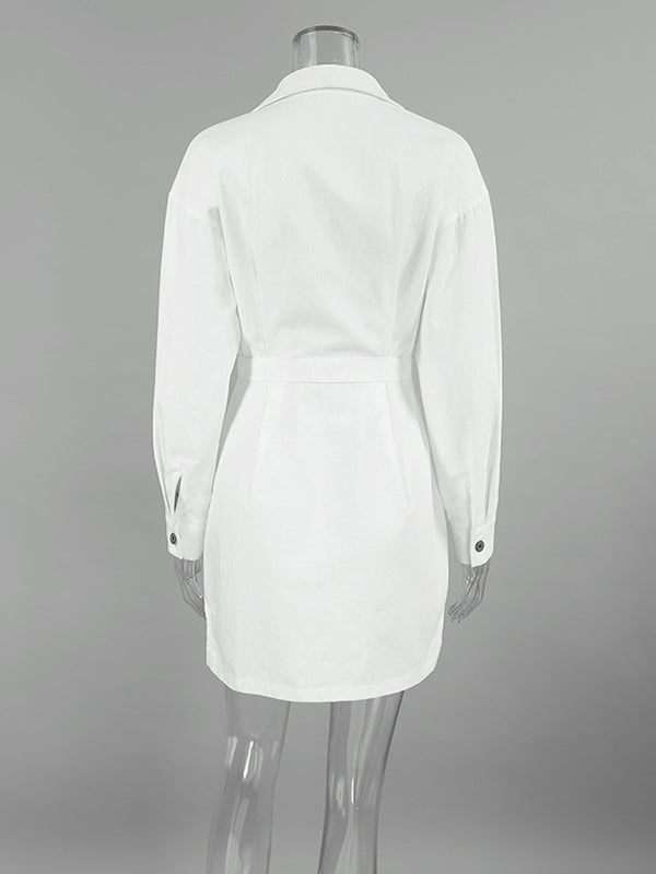 A-line Long Sleeves Buttoned Pockets Color Split-side Lapel Mini Dresses