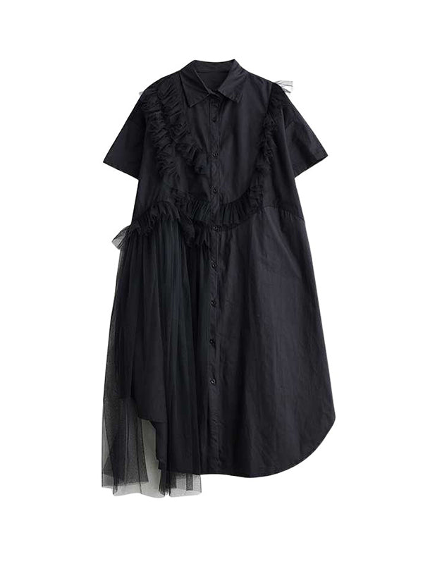 A-line Half Sleeves Asymmetric Buttoned Ruffled Color Split-joint Lapel Midi Dresses Shirt Dress