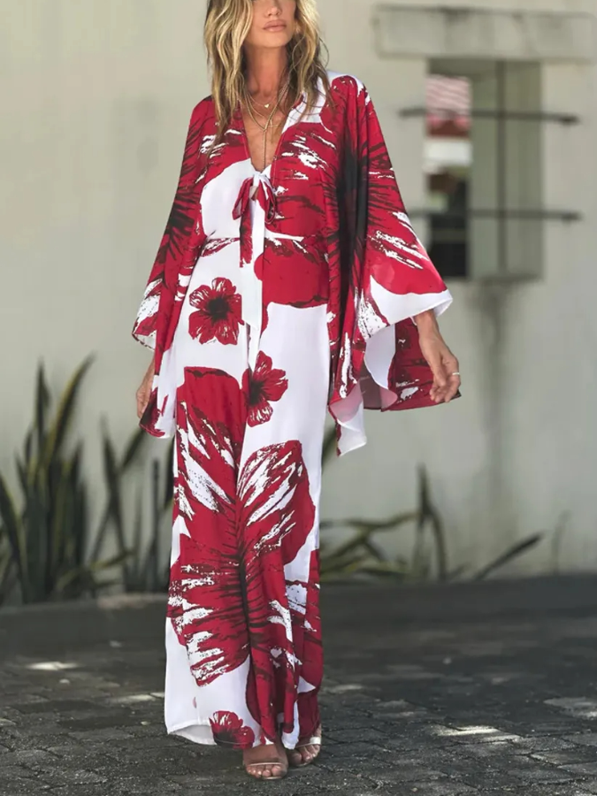Red Hibiscus Printed Beach Garbo Cape Jumpsuit