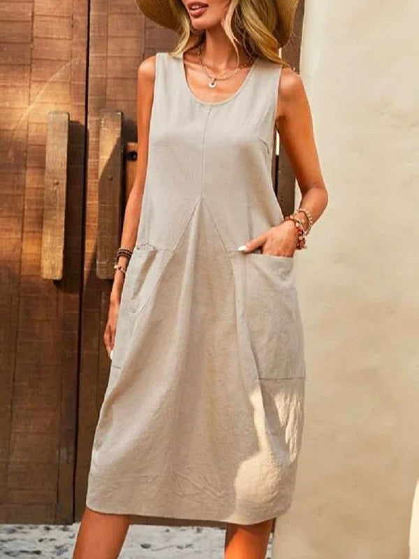 Loose Sleeveless Pleated Color Split-joint Round-neck Midi Dresses