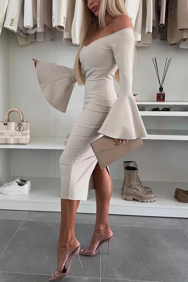 Color Off-shoulder Trumpet Sleeve Slim Midi Dress
