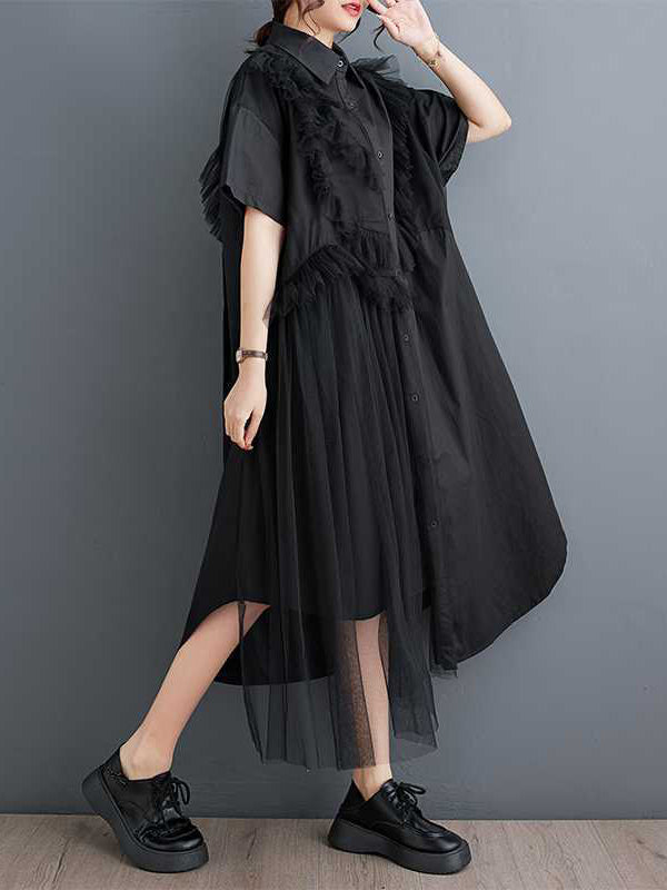 A-line Half Sleeves Asymmetric Buttoned Ruffled Color Split-joint Lapel Midi Dresses Shirt Dress