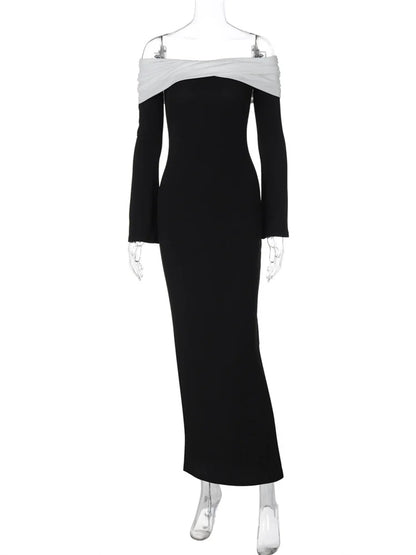 Contrast Slim Maxi Dress Female Off-shoulder Twist Long Sleeve Patchwork Dress Party Dress Clothes