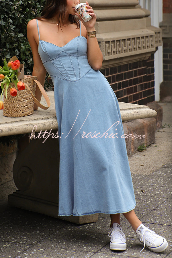 Color Sleeveless Suspender Pleated Back Faux Denim Midi Dress
