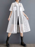 Half Sleeves Loose Hollow Color Split-joint Zipper Lapel Midi Dresses Shirt Dress