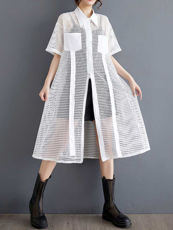 Half Sleeves Loose Hollow Color Split-joint Zipper Lapel Midi Dresses Shirt Dress