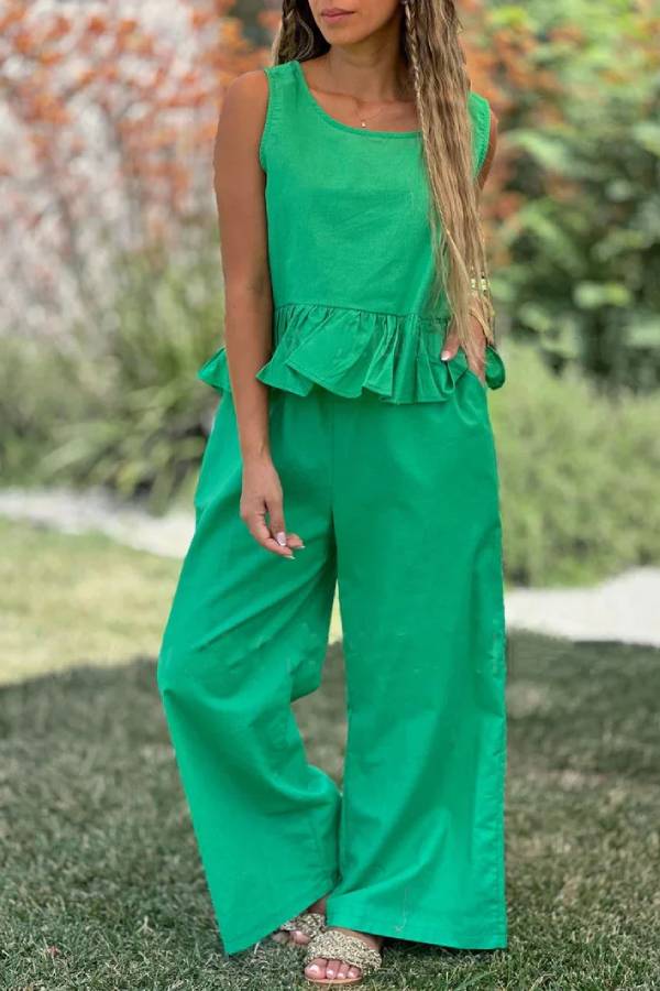 Cotton and Linen Color Sleeveless Top & Wide Leg Pants Two-piece Set
