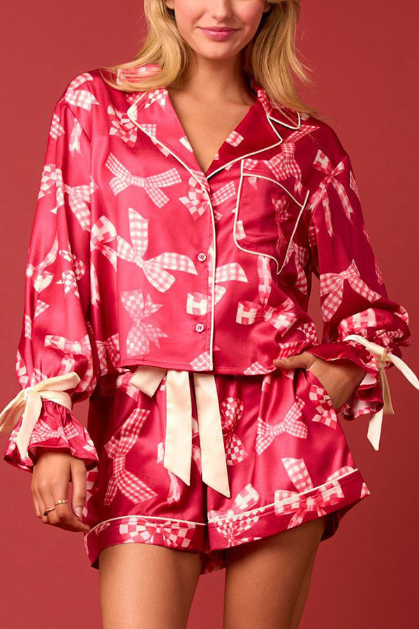 Christmas Print Lace-up Cuff Top and Elastic Waistband Pocket Shorts Set