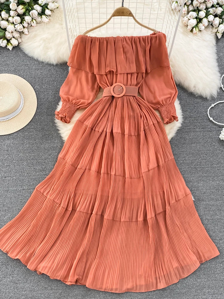 Off Shoulder Dress Chiffon Summer Sweet Lotus Leaf Edge Pleated Dresses Evening Party Long Dress
