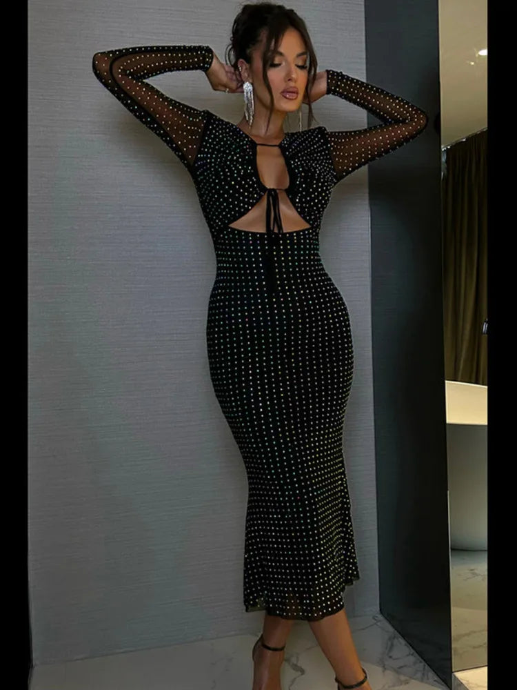 Sequin Sparkle Maxi Dress for Hollow Out Sheer Long Sleeve Bodycon Club Party Long Dress