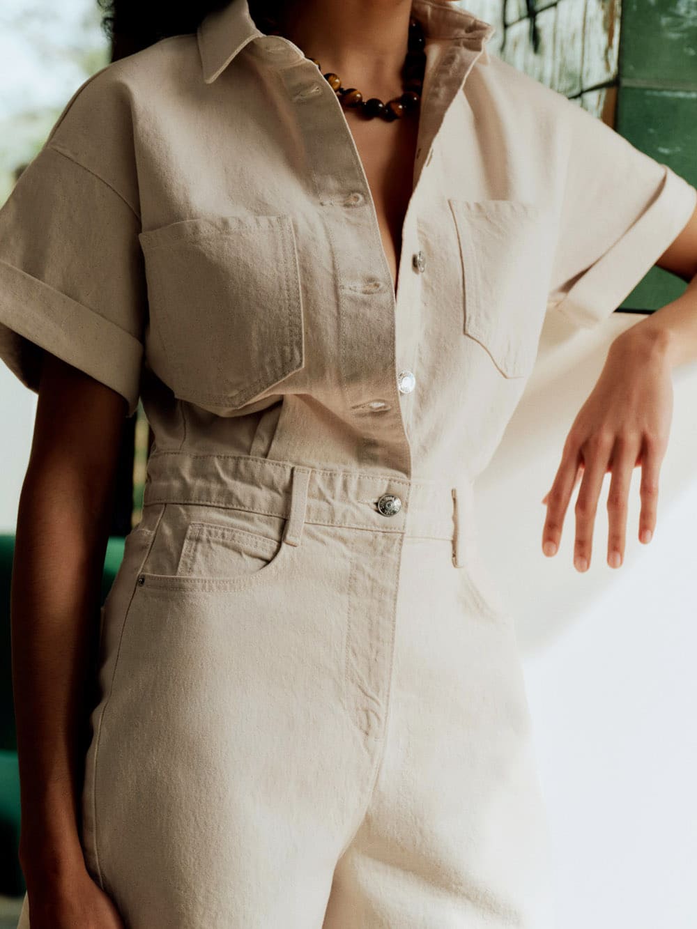 Mini Denim Cuffed-romper-beige
