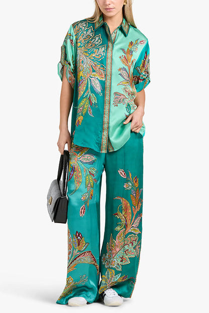 Roll Up Short Sleeves Shirt and Wide Leg Pants Printed Satin Set