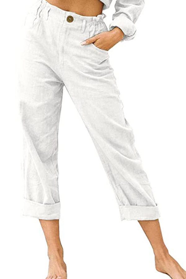 Color Cotton and Linen Fashionable Loose High Waist Pants