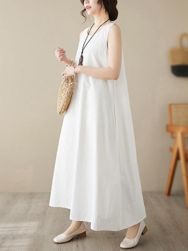 Loose Sleeveless Color Round-neck Midi Dresses