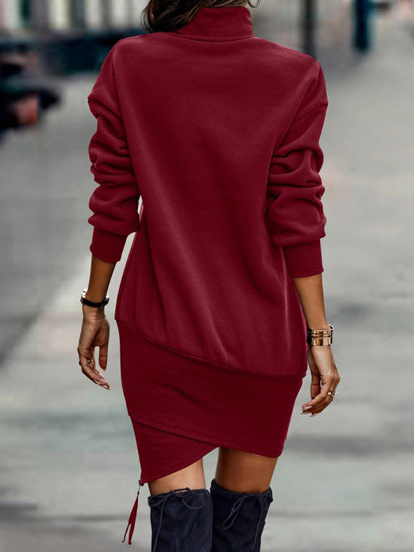 Long Sleeves Color High-neck Mini Dresses
