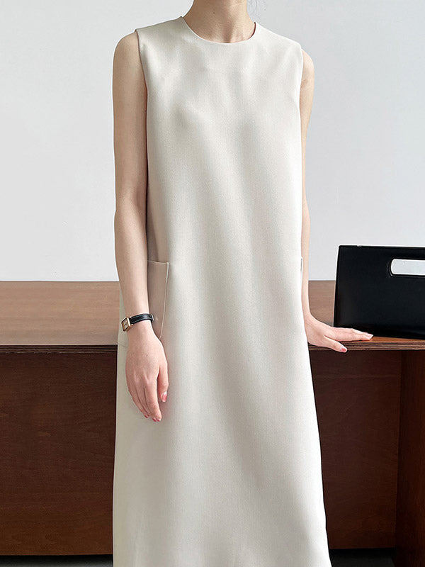 High Waisted Loose Pockets Color Split-back Zipper Round-neck Midi Dresses