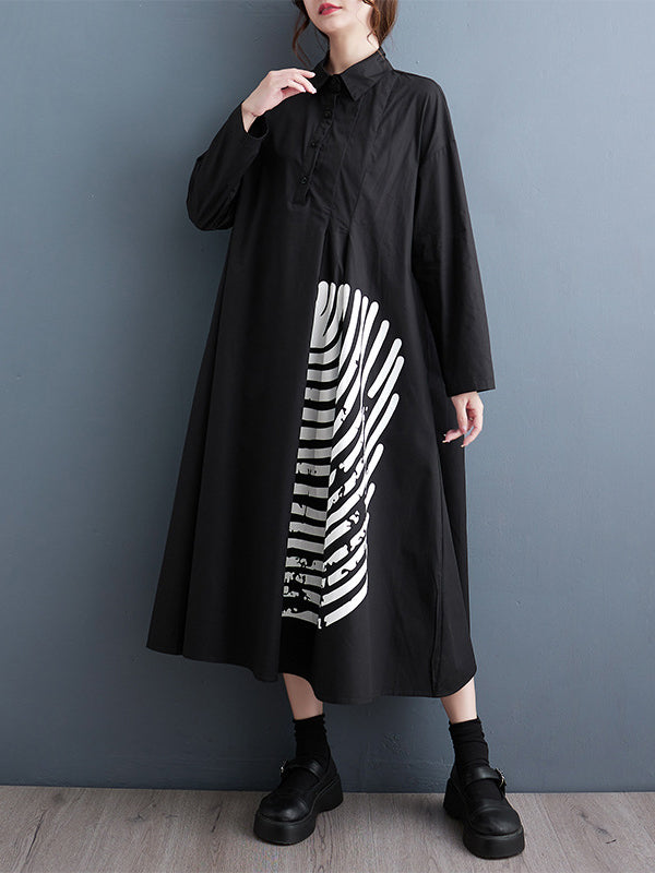 A-line Long Sleeves Asymmetric Buttoned Pleated Printed Split-joint Lapel Midi Dresses Shirt Dress