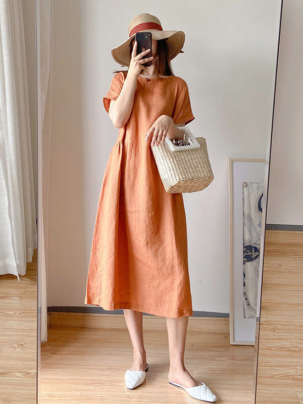 Loose Color Round-neck Midi Dresses