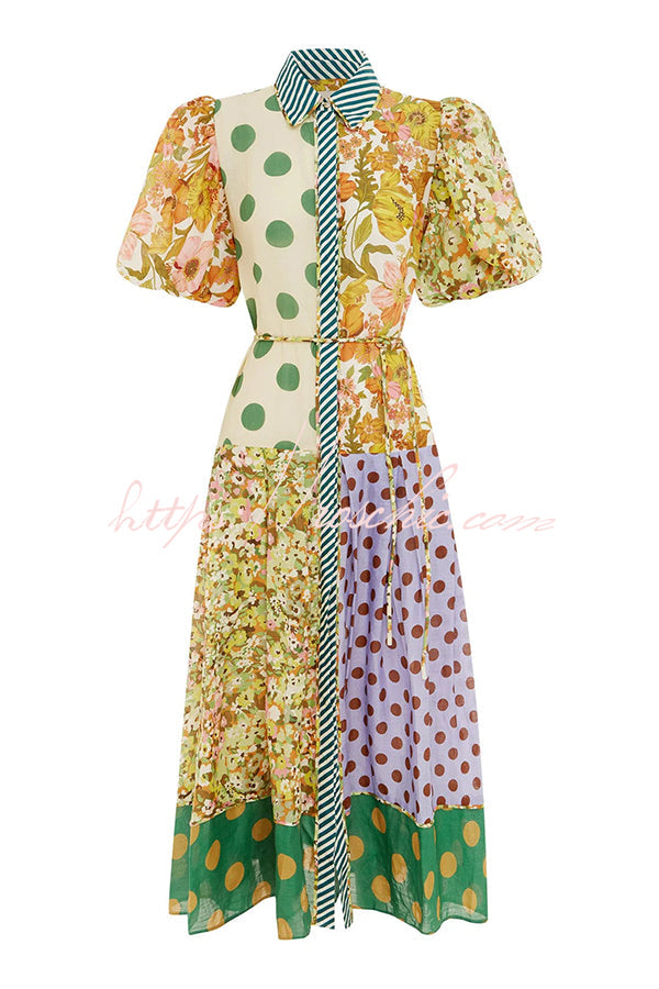 Linen Blend Unique Print Lapel Puff Sleeve Midi Dress