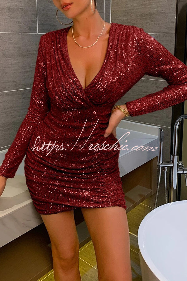 V Neck Wrap Hip High Waist Sequin Mini Dress