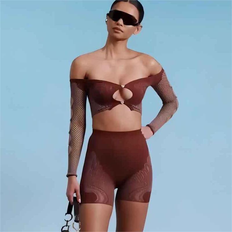 Color Off Shoulder Long Sleeves Cropped Top High Cut Slim Shorts One Piece Knitting Suit