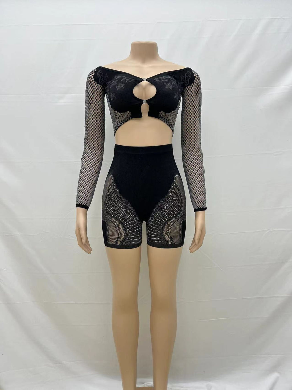 Color Off Shoulder Long Sleeves Cropped Top High Cut Slim Shorts One Piece Knitting Suit
