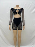 Color Off Shoulder Long Sleeves Cropped Top High Cut Slim Shorts One Piece Knitting Suit