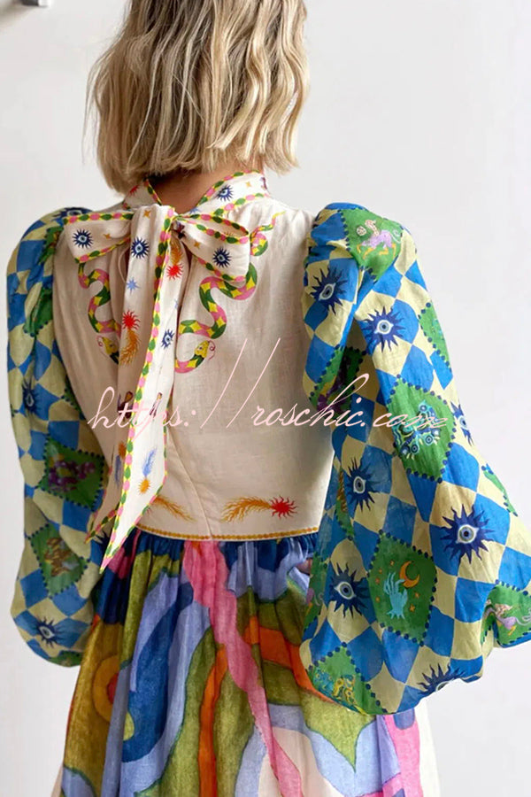 Dear to My Heart Unique Print Lantern Sleeve A-line Midi Dress