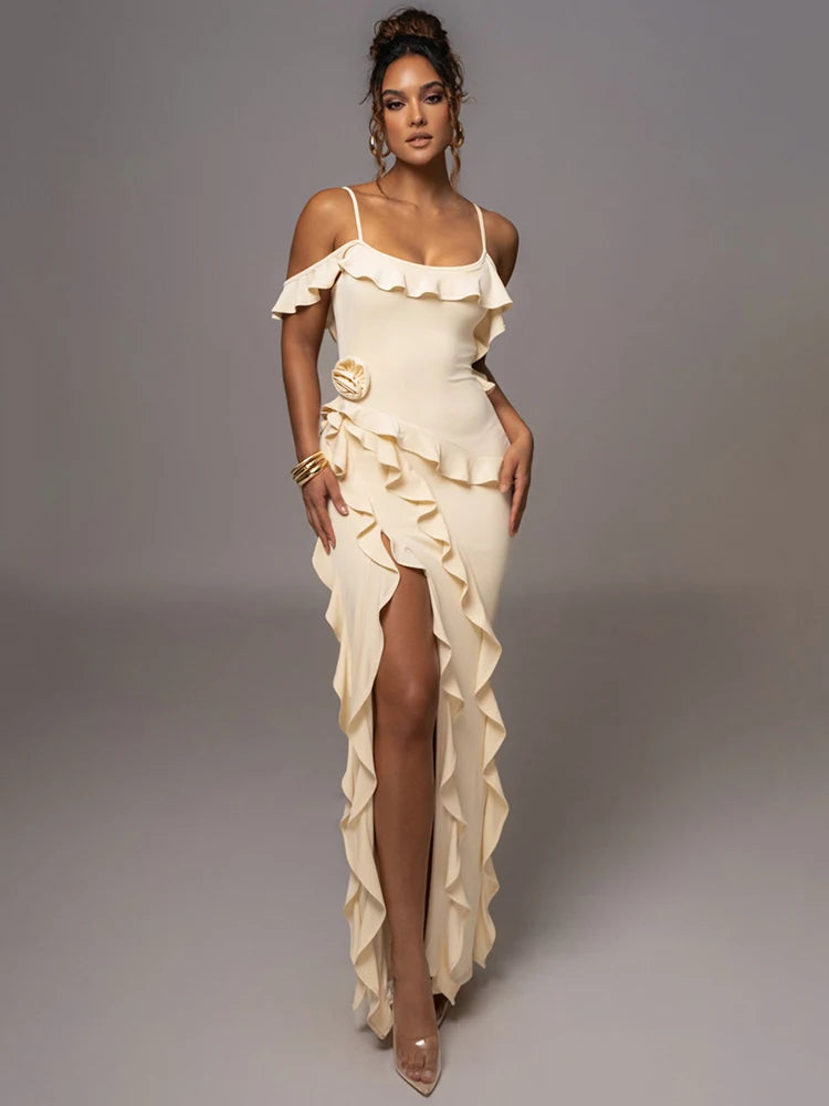 Ruffle Maxi Dress Spaghetti Strap Flower Sleeveless Backless High Split Club Party Evening Dress