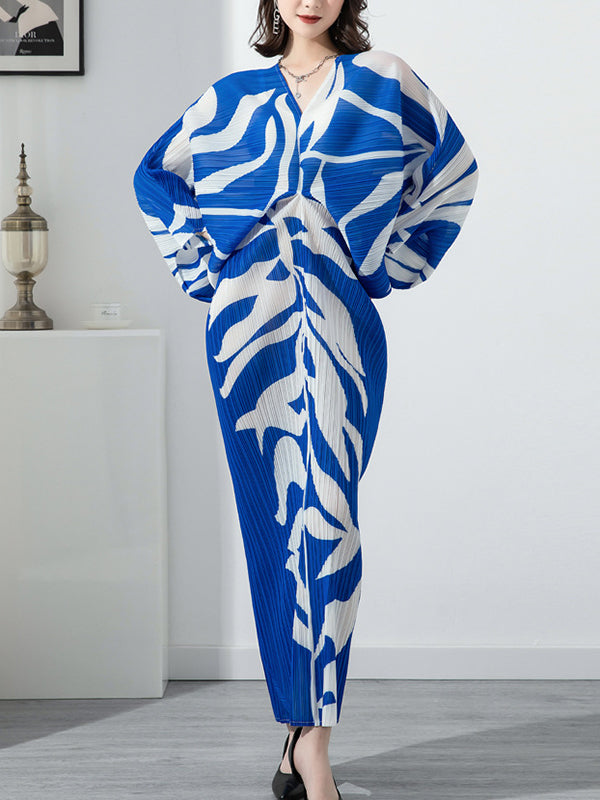 Original Batwing Sleeves Long Sleeves Contrast Color Printed Pleated V-neck Midi Dresses