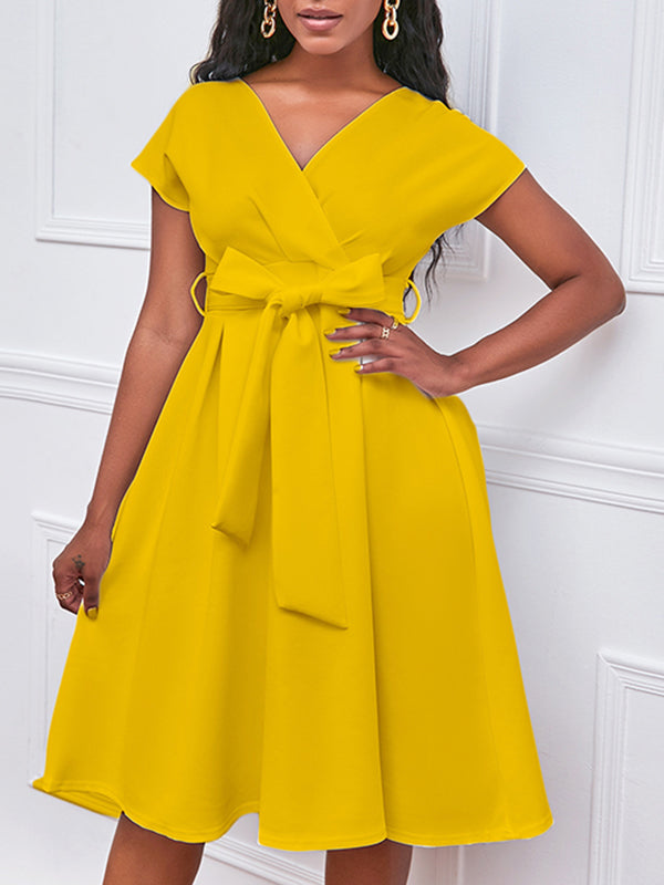 Bowknot Lace-up Color V-neck Midi Dresses