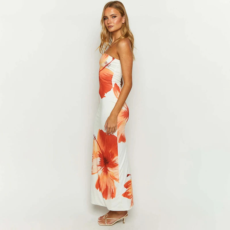 ’s New Flower Printed Tubeless Off Shoulder Beach Long Dress